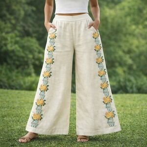 Keepsake Wide Leg Pants Womens 4 White Ramie‎ Floral Embroidered Boho Coastal